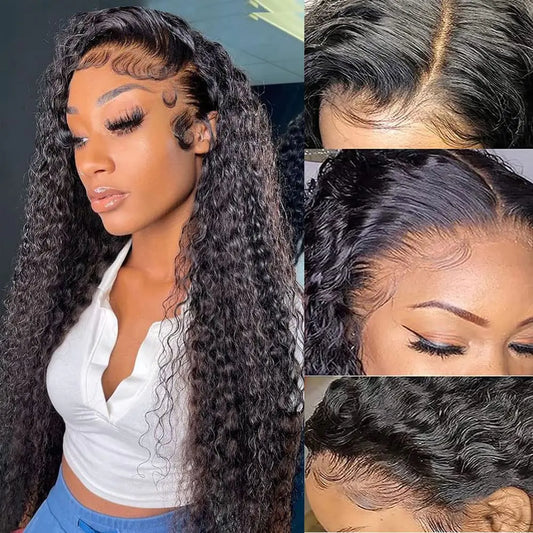 Deep Wave Lace Front Wigs Human Hair 13x4 HD Transparent Lace Frontal Wigs for Women Glueless Curly Lace Front Wigs Pre Plucked Hairline with Baby Hair Brazilian Virgin Human Hair Wigs 22 Inch