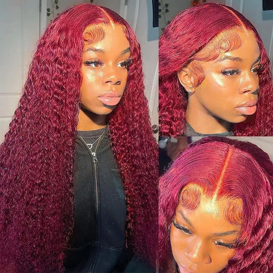 99j Burgundy Deep Wave Lace Front Wigs Human Hair 13x4 220% Density Transparent Lace Frontal Wigs Curly Wigs for Women Red Curly Wigs Pre Plucked with Baby Hair 99j Lace Front Human Hair Wigs (28inch)