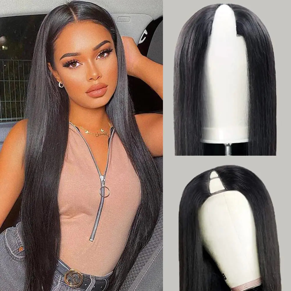 Dixtefo V Part Human Hair Wigs V Shape Wigs No Leave Out Lace Front Wigs Brazilian Virgin Straight Human Hair Wigs for Black Women 180% Density Natural Color 22Inch