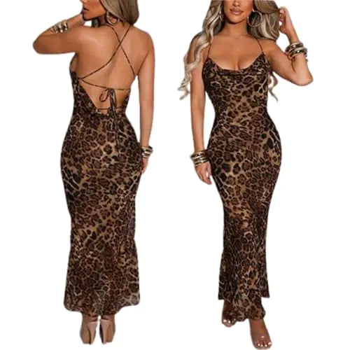 QIISEVEN Womens Leopard Print Dress V Neck Maxi Dress Spaghetti Strap Dress Sexy Bodycon Y2K Dress Backless Long Dress (Leopard PrintSSmall)